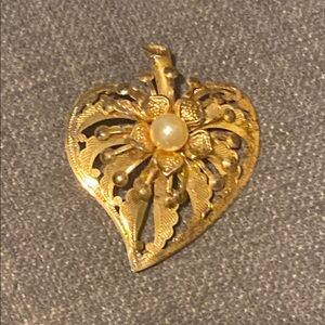 Vintage Gold Heart Pendant with Faux Pearl Accent